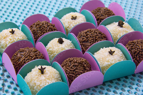 Traditional Brazilian sweet, brigadeiro and beijinho.