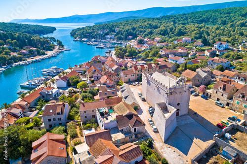 Town of Vrboska bay and fortress aerial view, Hvar island