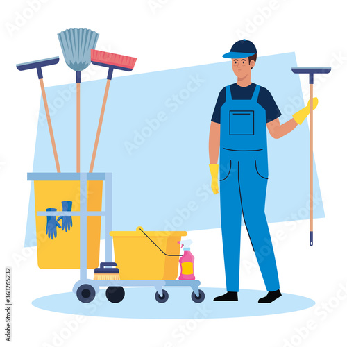 man cleaning worker with cleaning trolley, man janitor with cleaning trolley vector illustration design