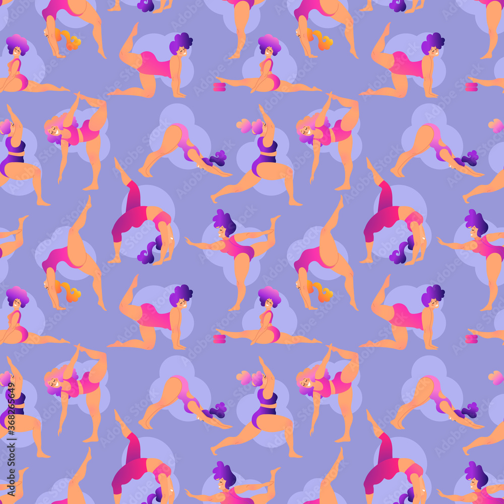 Plus size curvy lady doing yoga class. Seamless pattern. Vector illustration isolated on white. Online home workout concept. Body positive. Attractive overweight woman. Plus size curvy lady doing yoga class. Seamless pattern. Vector illustration isolated on white. Online home workout concept. Body positive. Attractive overweight woman.