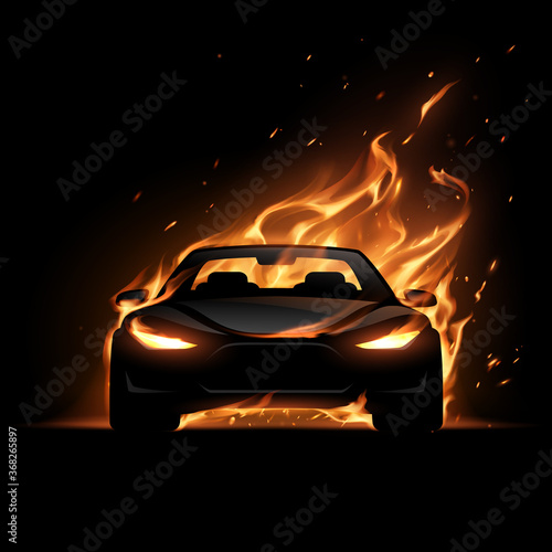 Black car silhouette with fire flame effect