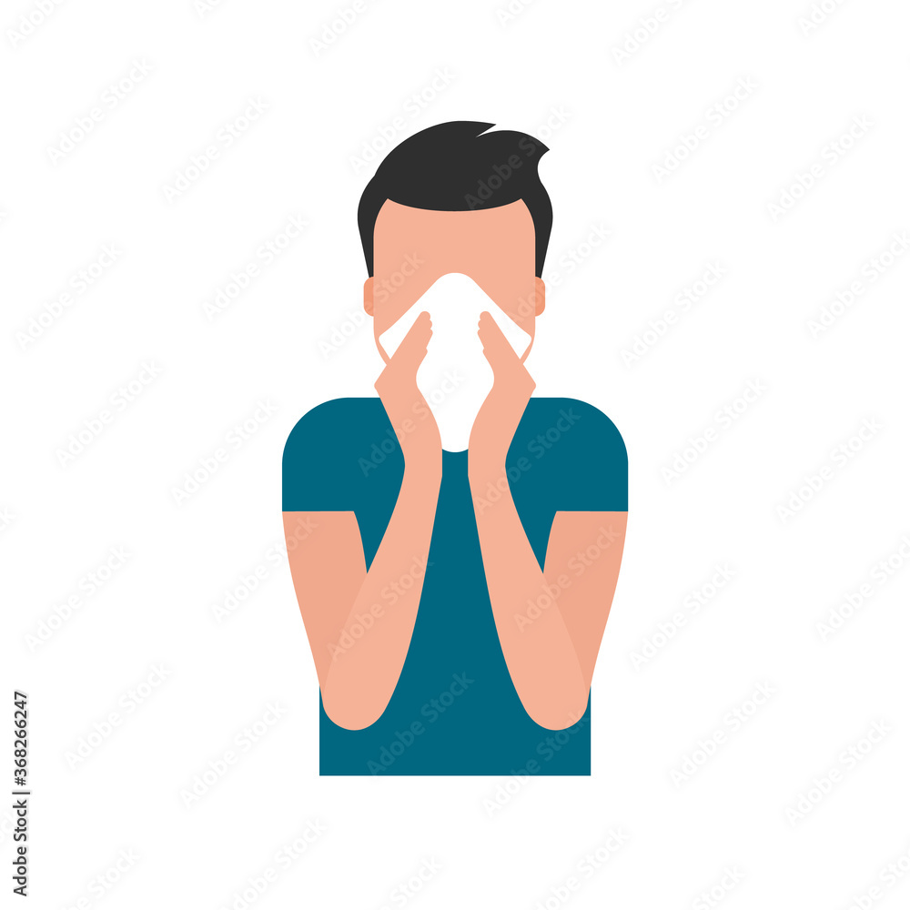 Young man blowing his nose in paper tissue. Cover your sneeze or cough