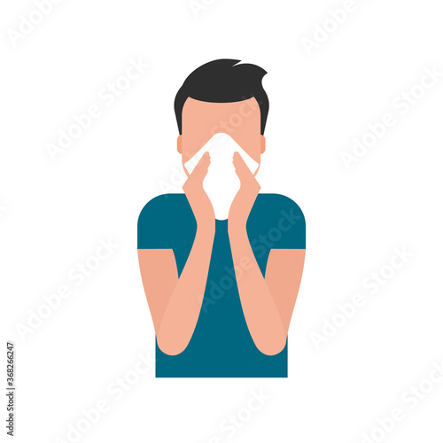 Young man blowing his nose in paper tissue. Cover your sneeze or cough with napkin. Coronavirus protection. Infectious disease prevention. Stop COVID-19 spreading. Vector illustration, flat, clip art.
