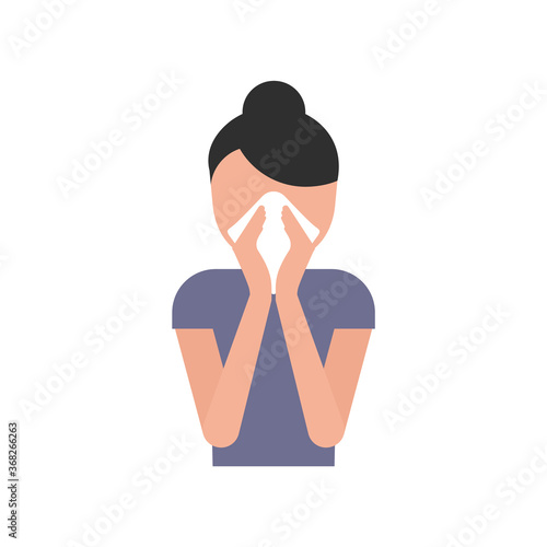 Cover sneeze with paper tissue concept. Woman coughing or sneezing while holding a napkin on her nose and mouth. Use a handkerchief during cold, flu, coronavirus. Vector illustration, flat, clip art. 