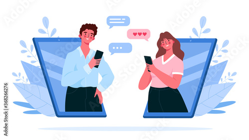 Virtual relationships, online dating, social networking concept during lockdown. Man and woman chatting online, meeting at dating app vector flat illustration. Couple chat on a cell phone.