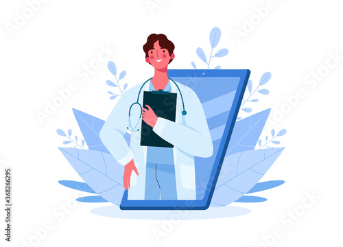Online medical consultation, support. Online doctor. Healthcare services. Family male doctor with stethoscope on smartphone. Online medical advise or consultation service, tele medicine, cardiology