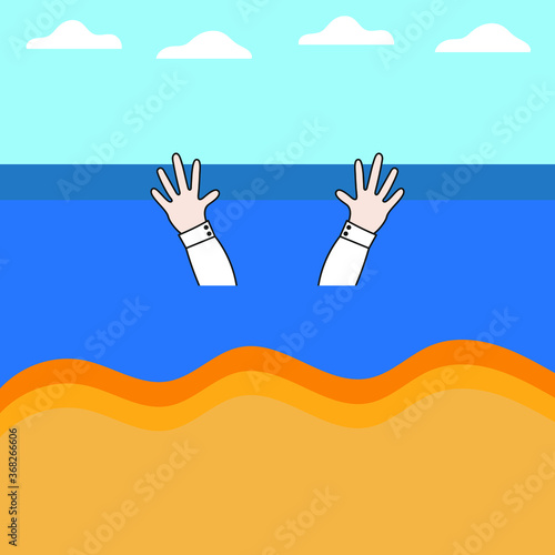 Hands in a white shirt sticking out of the sea