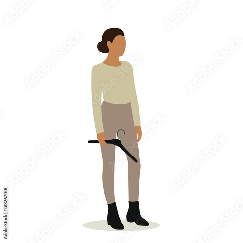 Female character with a clothes hanger in hand