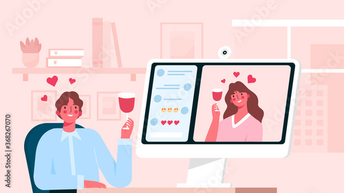 Virtual relationships. Online date during quarantine and self-isolation, woman talking and drinking wine with her partner via video chat, virtual relationship while distancing, man and woman in love.