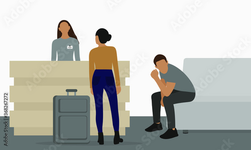 Female character with suitcase talking to administrator and male character sitting on sofa