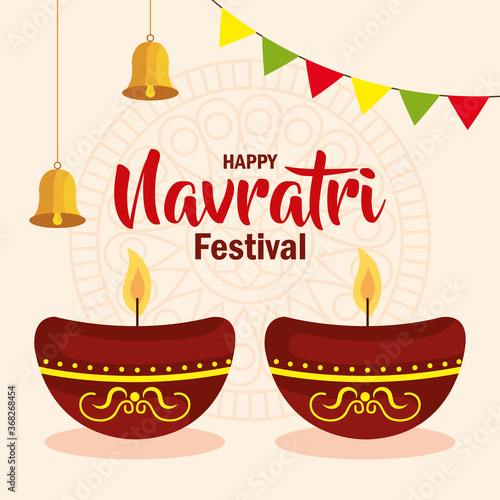 happy navratri celebration poster with candles in ceramic pot and decoration vector illustration design