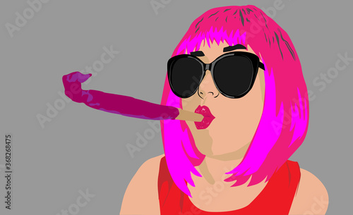 Woman in a hot pink wig at a party. Girl blows the horn at the party. Birthday celebration