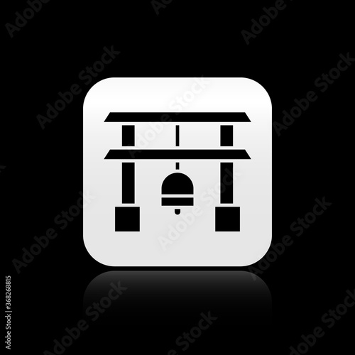 Black Japan Gate icon isolated on black background. Torii gate sign. Japanese traditional classic gate symbol. Silver square button. Vector Illustration.