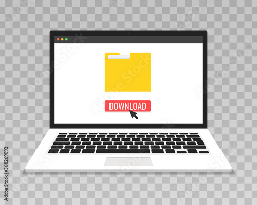 Laptop and progress bar on the screen. Downloading file, information concept. Transparent background. Vector illustration.