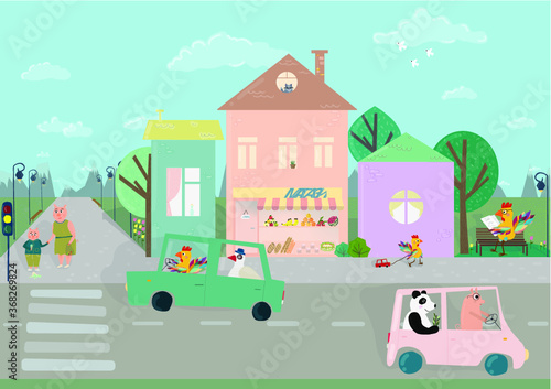 life of the city in which pandas, roosters, pigs live. Someone drives their cars on business, someone goes to the store in pastel colors
