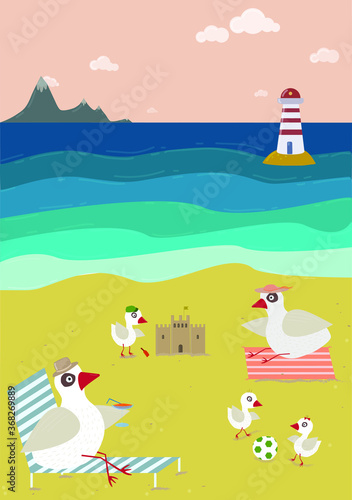 A family of birds resting on the beach by the sea by the lighthouse in warm colors