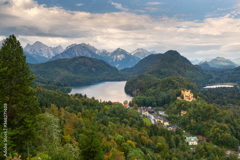 Bavarian Alps of Germany at Hohenschwangau Village and Lake Alpsee