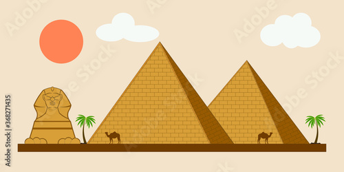 pyramid with Sphinx and camel drawing in vector