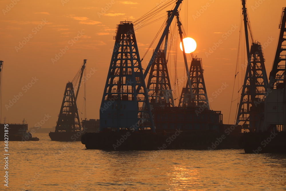 Obraz premium cranes at sunset