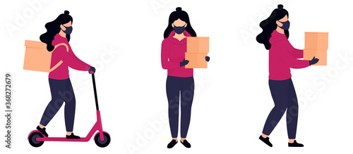 Courier girls in protective mask deliver parcel on a electric scooter. Safe food delivery.