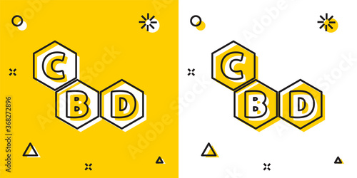 Black Cannabis molecule icon isolated on yellow and white background. Cannabidiol molecular structures, THC and CBD formula. Marijuana sign. Random dynamic shapes. Vector Illustration.