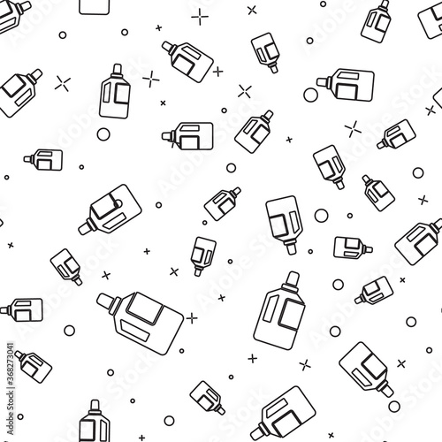 Black line Fabric softener icon isolated seamless pattern on white background. Liquid laundry detergent, conditioner, cleaning agent, bleach. Vector Illustration.