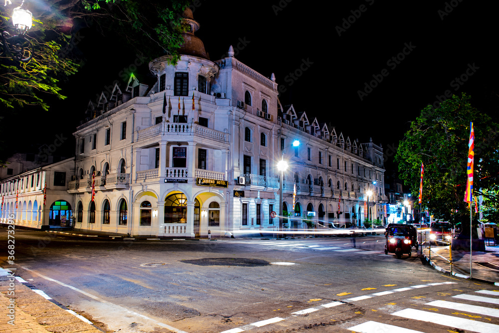 night view in Kandy city, Sri Lanka, this is an old building called queens hotel situated near the temple of the Tooth (Dalada Maligawa)