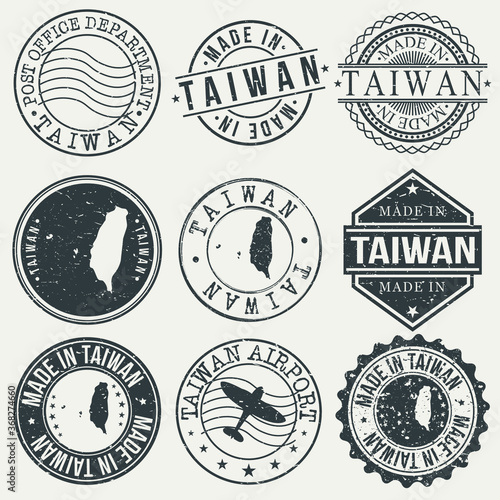 Taiwan Set of Stamps. Travel Stamp. Made In Product. Design Seals Old Style Insignia.