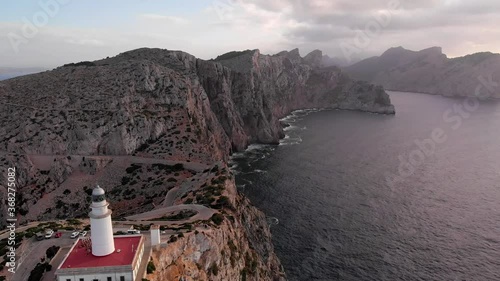 Cape of Formentor lighthouse aerial drone view at Sunset - Majorca	 photo