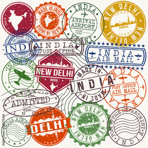 New Delhi India Stamp Vector Art Postal Passport Travel Design Set Badge Rubber.