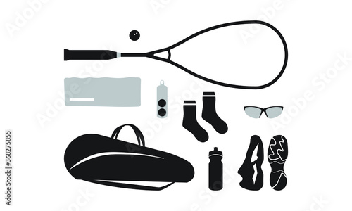 Squash Sports Equipment Icon Pack, with racket, ball, squash shoe, sock, bag, towel, and protective goggle.