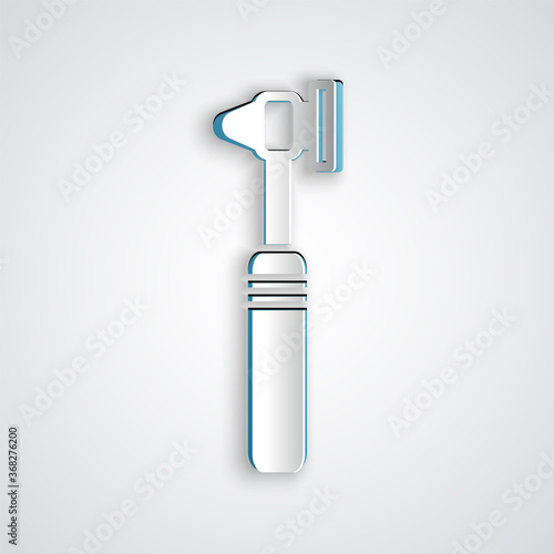 Paper cut Medical otoscope tool icon isolated on grey background. Medical instrument. Paper art style. Vector Illustration.