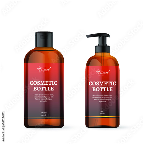 Realistic brown cosmetic bottles with label on white background. Cosmetic containers and tubes with black dispenser pump for cream, shampoo, gel, balsam, conditioner, soap,  etc. Vector Illustration