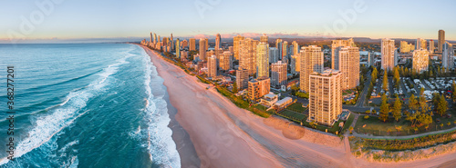 Aerial view of the beach and hi rise buildings on the Gold Coast