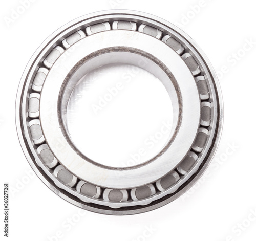 Shiny metal single row round roller bearing designed to absorb radial and one-sided axial loads of the vehicle. Sale of spare parts or repair in a workshop or car service.