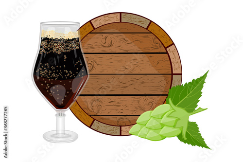 Glass of dark beer, wooden barrel and hop isolated on white background. Logotype for Oktoberfest beer festival or brewery. Beer keg for label, package, banner, logo, emblem. Stock vector illustration