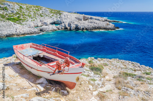 Picturesque Porto Limnionas rocky beach on west coast of Zakynthos island, Greece