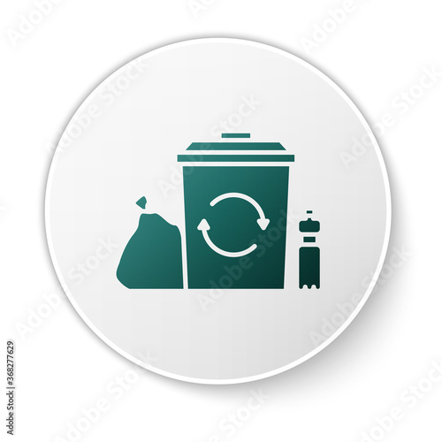 Green Recycle bin with recycle symbol icon isolated on white background. Trash can icon. Garbage bin sign. Recycle basket. White circle button. Vector Illustration.