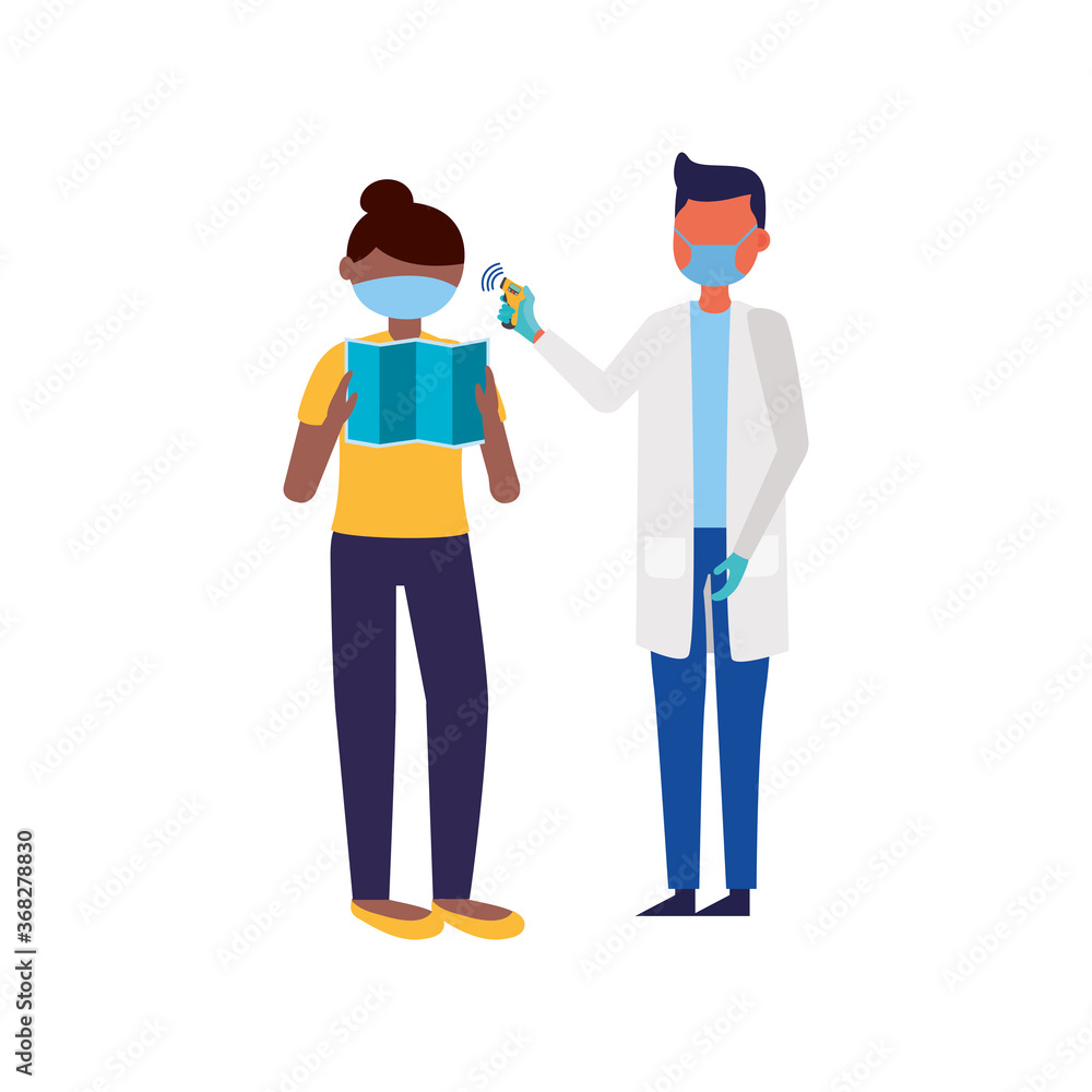 male doctor holding thermometer gun checking woman temperature vector design
