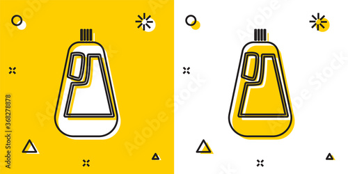 Black Plastic bottle for liquid laundry detergent, bleach, dishwashing liquid icon isolated on yellow and white background. Random dynamic shapes. Vector Illustration.