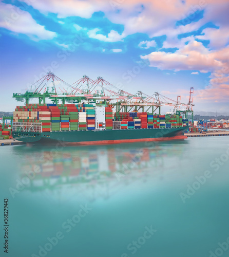 Logistics and transportation of International Container Cargo ship at port