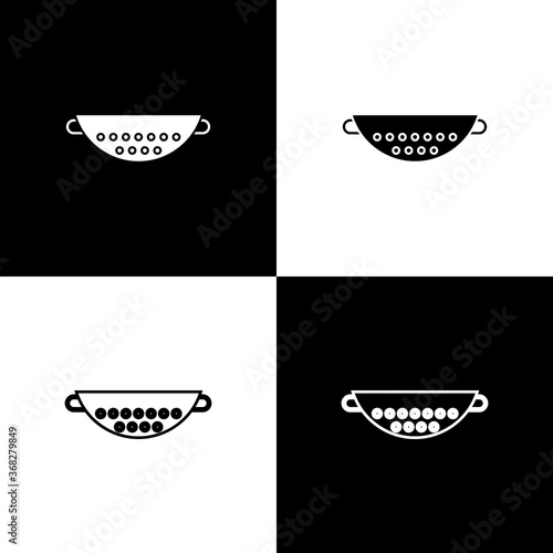 Set Kitchen colander icon isolated on black and white background. Cooking utensil. Cutlery sign. Vector Illustration.