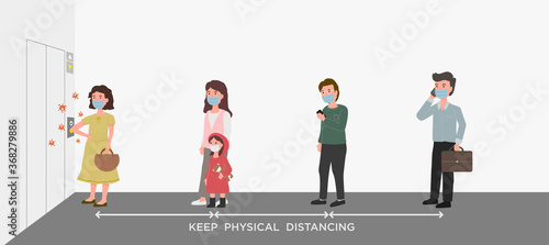 New normal concept. Woman with mask using elbow push on lift buttons at elevator hall and other people keep physical distancing for preventive virus.