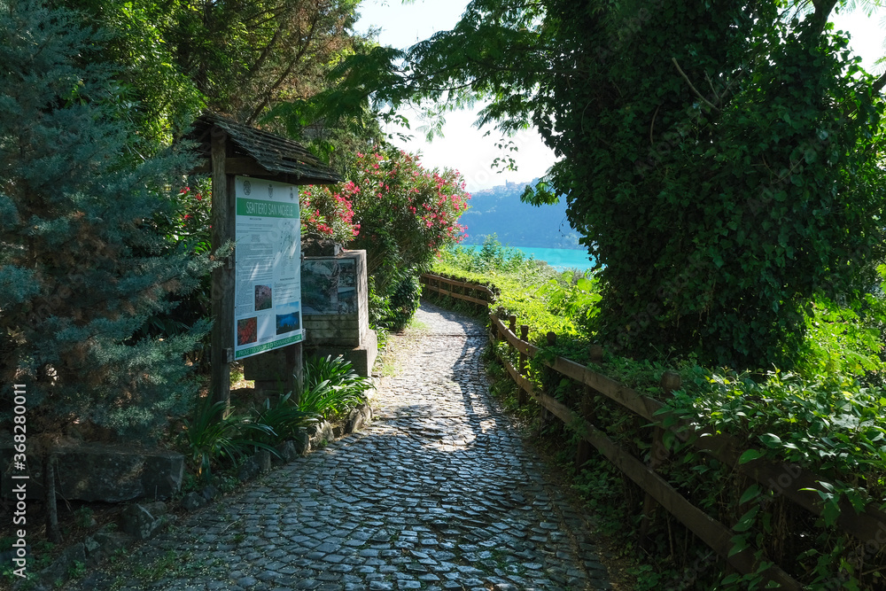 san michele path with lake view in the town of nemi its roman castles san michele path with lake view in the town of nemi its roman castles