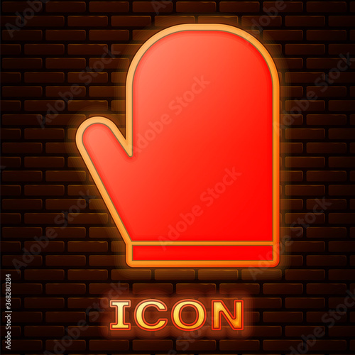 Glowing neon Oven glove icon isolated on brick wall background. Kitchen potholder sign. Cooking glove. Vector Illustration.