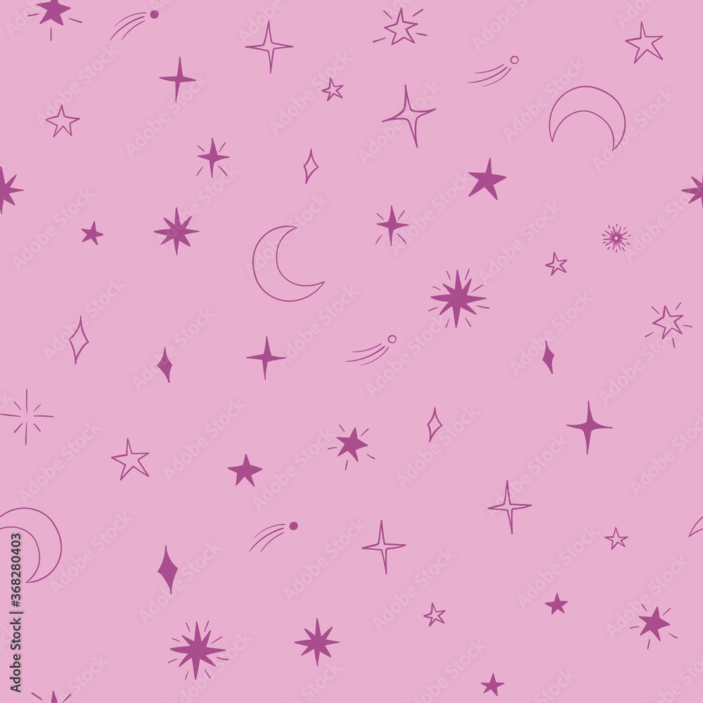 Celestial seamless vector pattern with stars and moon on pink ...