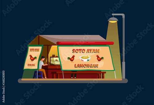 chicken soup restaurant street vendor. indonesian traditional street food at night scene concept in cartoon flat illustration vector