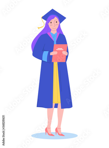 Graduation girl character, school graduation student hold diploma in hat isolated on white, flat vector illustration. Enter college or higher education institution, completion secondary education.