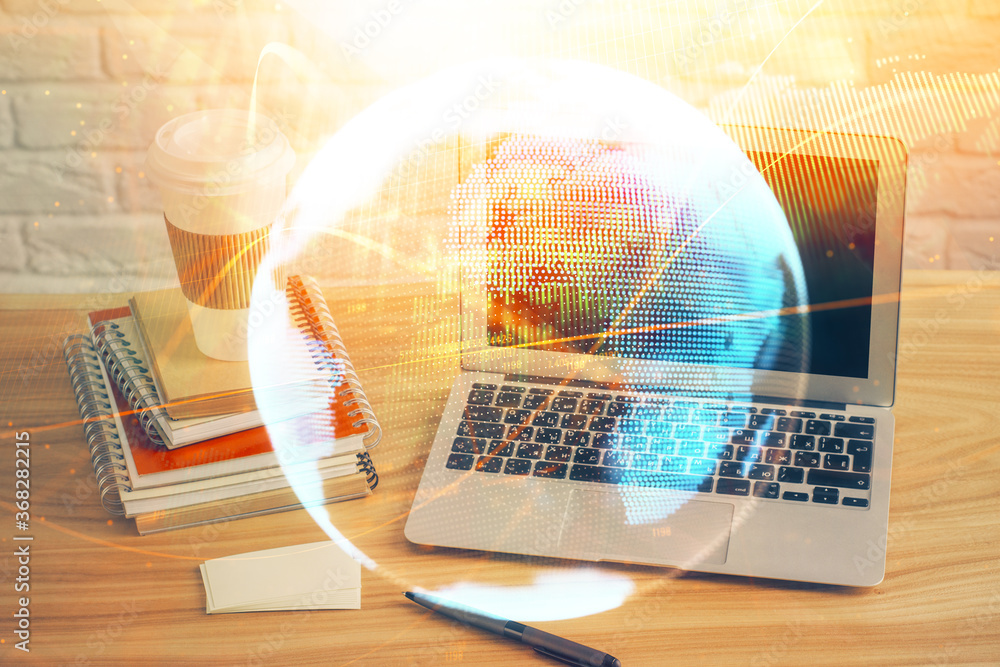 Multi exposure of business theme icons and table with computer background. Concept of success. Multi exposure of business theme icons and table with computer background. Concept of success.