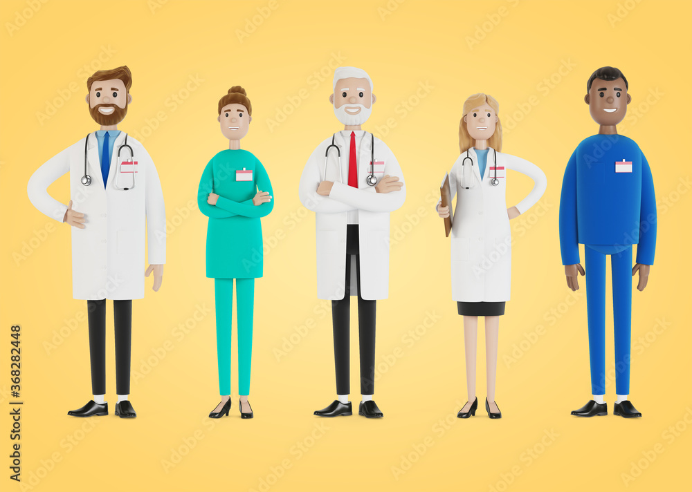 Doctors. A group of medical workers. Chief physician and medical specialists. 3D illustration in cartoon style. Doctors. A group of medical workers. Chief physician and medical specialists. 3D illustration in cartoon style.